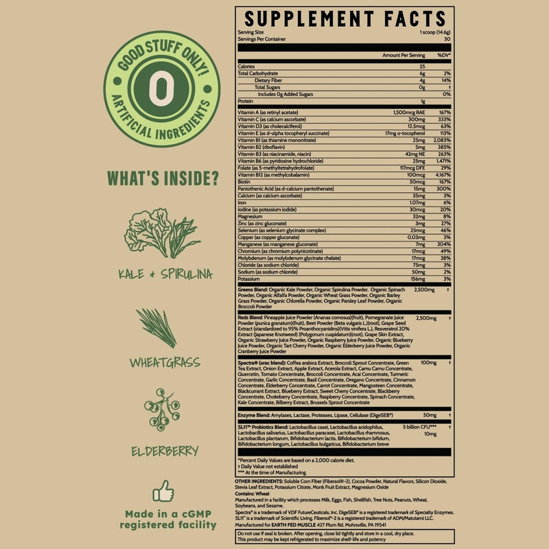 Greens and Reds Superfoods Blend, Chocolate – Kale, Spirulina, Wheatgrass & Elderberry – Antioxidant Support, Vitamins & Probiotics – No Artificial Ingredients – 30 Servings | Kale, Spirulina, Wheatgrass & Elderberry, Antioxidant Support, Vitamins & Pr...