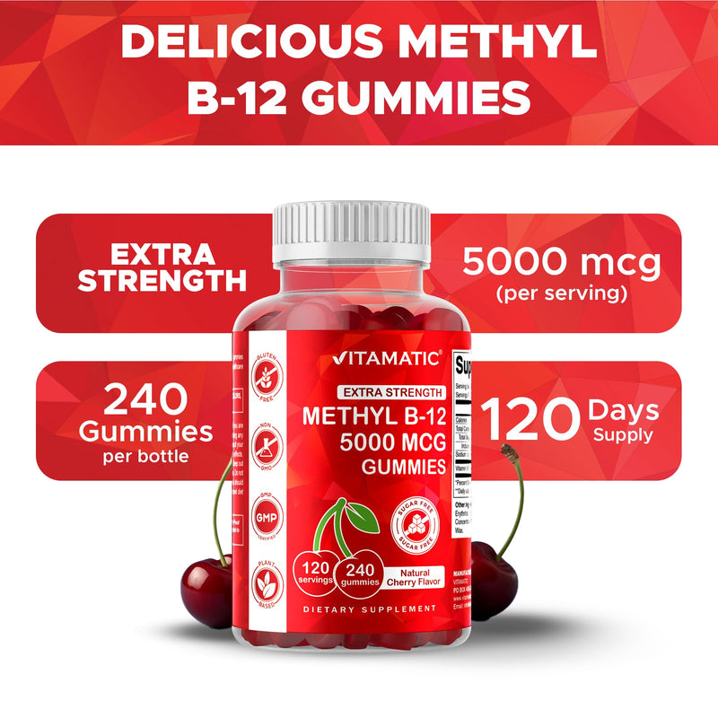 Vitamatic Extra Strength Vitamin B12 5000 mcg (Methyl B12) Gummies - 240 Count, Natural Cherry Flavored