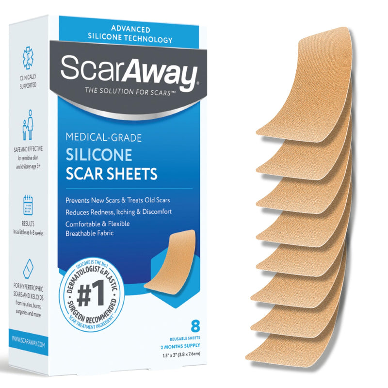 ScarAway Advanced Silicone Scar Sheets, Medical Grade Silicone Strips (1.5" x 3") Scar Treatment & Prevention for Surgical, Burn, Body, Hypertrophic & Keloid Scars Treatment, 8 Tan Reusable Sheets 8 Count - BeesActive Australia