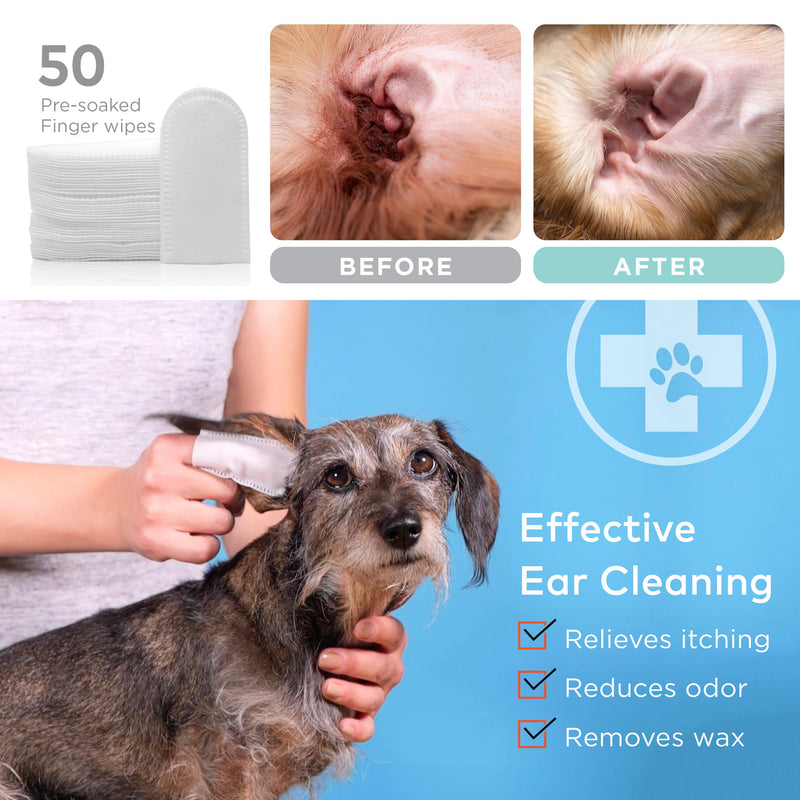 Dog Ear Cleaner Wipes - Vet Formulated Cleanser for Dogs - Ear Itching, Dissolves Wax, Dirt & Odor with Coconut Oil & Aloe Vera (50 Finger Wipes) 50 Finger Wipes - PawsPlanet Australia