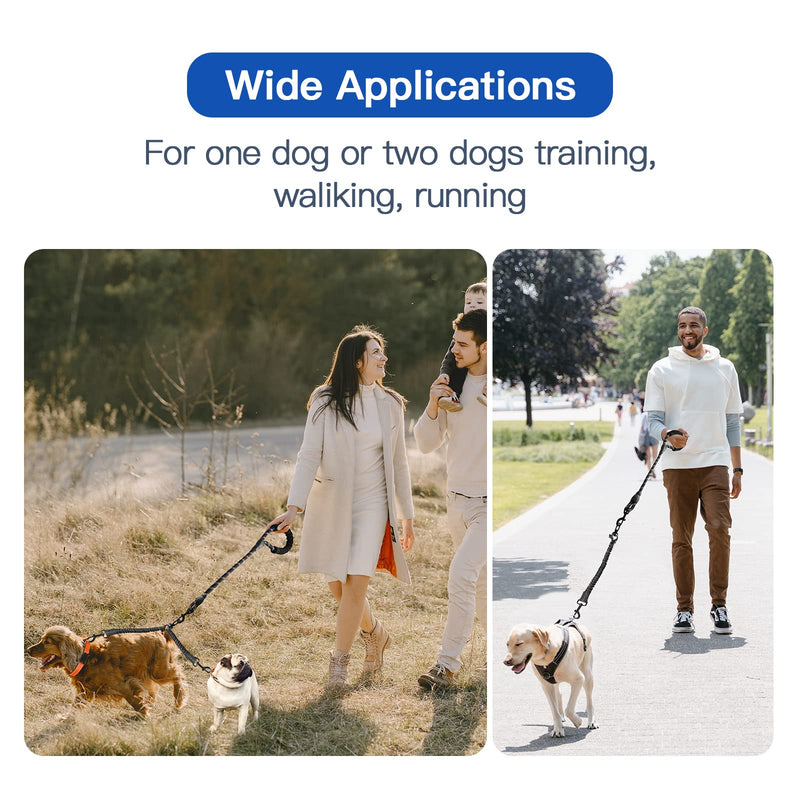 Double Dog Leash, Dual Dog Leash, 360 Swivel Tangle Free Bungee Walking Training Leash for Large Medium Dogs, Shock Absorbing Bungee Reflective Leash for Two Dogs, 18~120 lbs, Black - BeesActive Australia