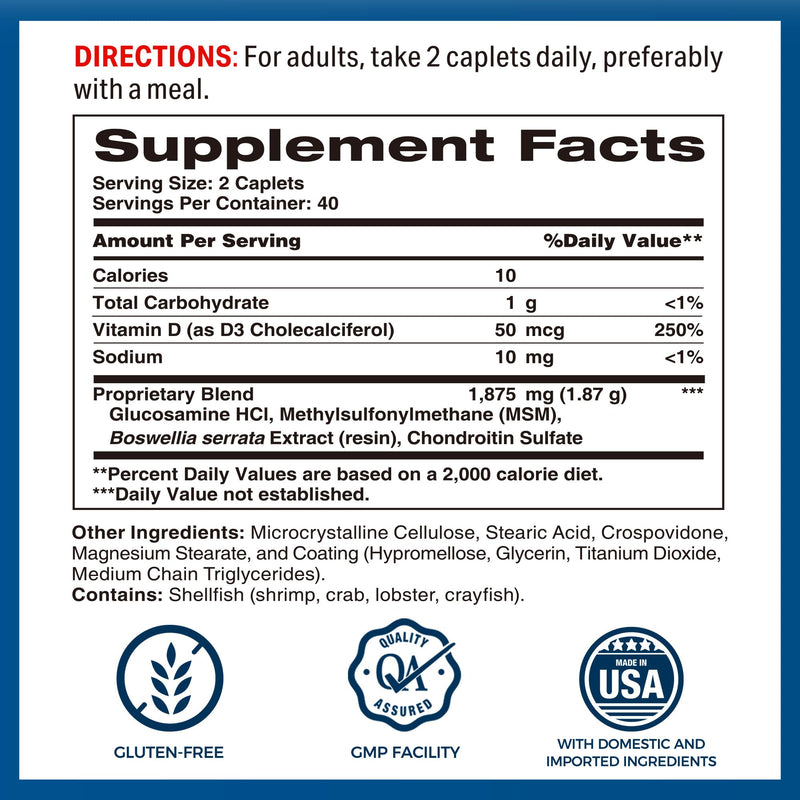 Vitamin World Glucosamine Chondroitin with MSM with Vitamin D, 80 Caplets | Triple Strength Joint Mover for Healthy Joints, Promotes Comfort and Flexibility, Coated, Gluten Free