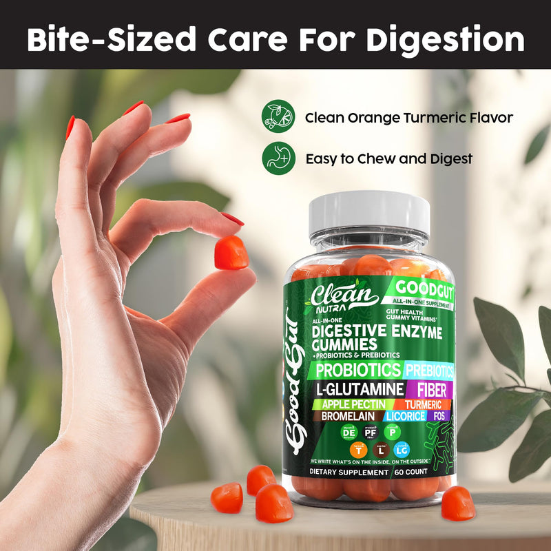 Clean Nutraceuticals Digestive Enzymes with Probiotics & Prebiotics for Digestive Health Gummies & L-Glutamine for Gut Health Bromelain Apple Pectin Inulin FOS Plant Based Vegan Gummy Vitamins 1