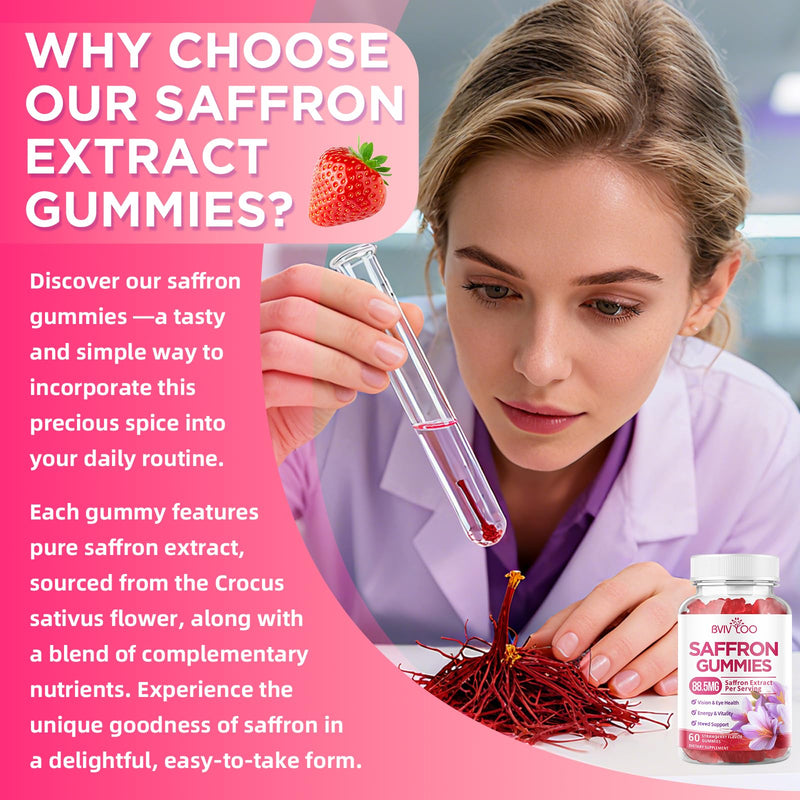 Saffron Gummies for Adult Kids, 10-IN-1 Formula with Saffron 88.5mg, Vitamins D3 & B6, Magnesium, Zinc, Ashwagandha, L-Theanine, St. John's Wort - Supports Mood & Focus, Strawberry Flavor, 60 Count 2pack