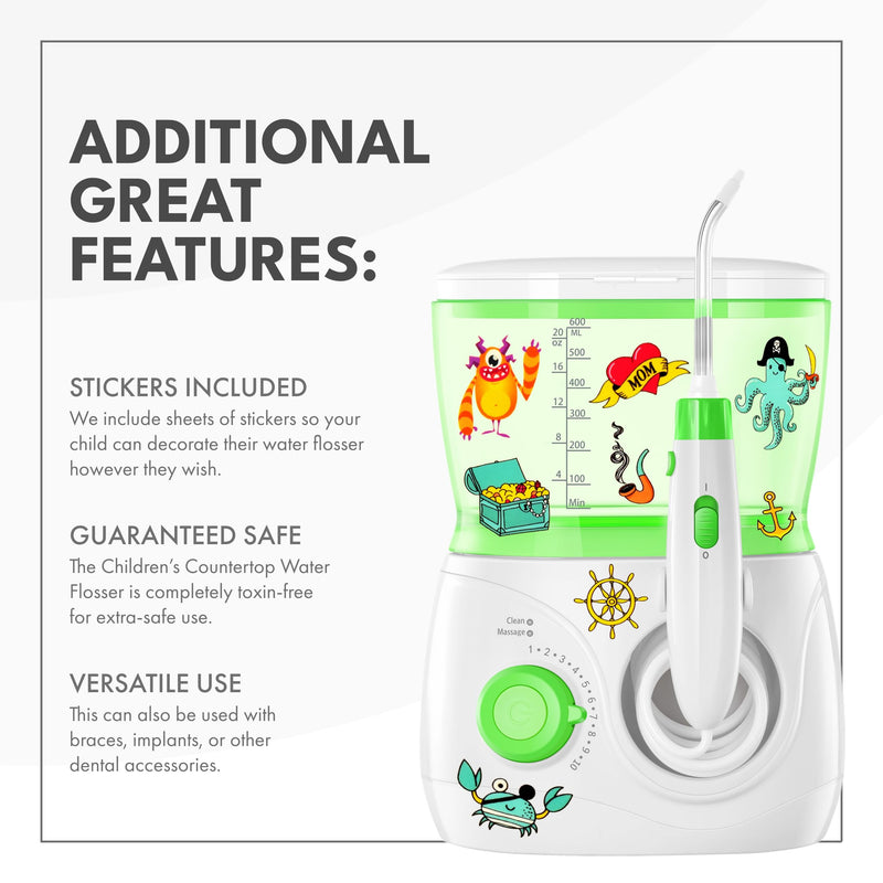 ToiletTree Products Children's Countertop Water Flosser - Dental Oral Irrigator for Kids - BPA-Free Dental Water Flosser with 600mL Capacity and Adjustable Water Pressure - Green - BeesActive Australia