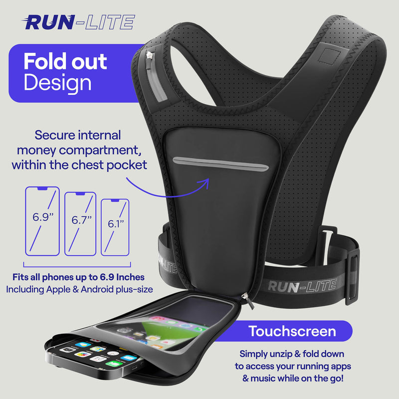 Running Vest with Phone Holder & Waterproof Pouch – Adjustable Belt Fits 28"–44" Chest – Reflective Gear with 2 Shoulder Pockets for Keys, Gels, Phones up to 6.8” (Unisex Adult)