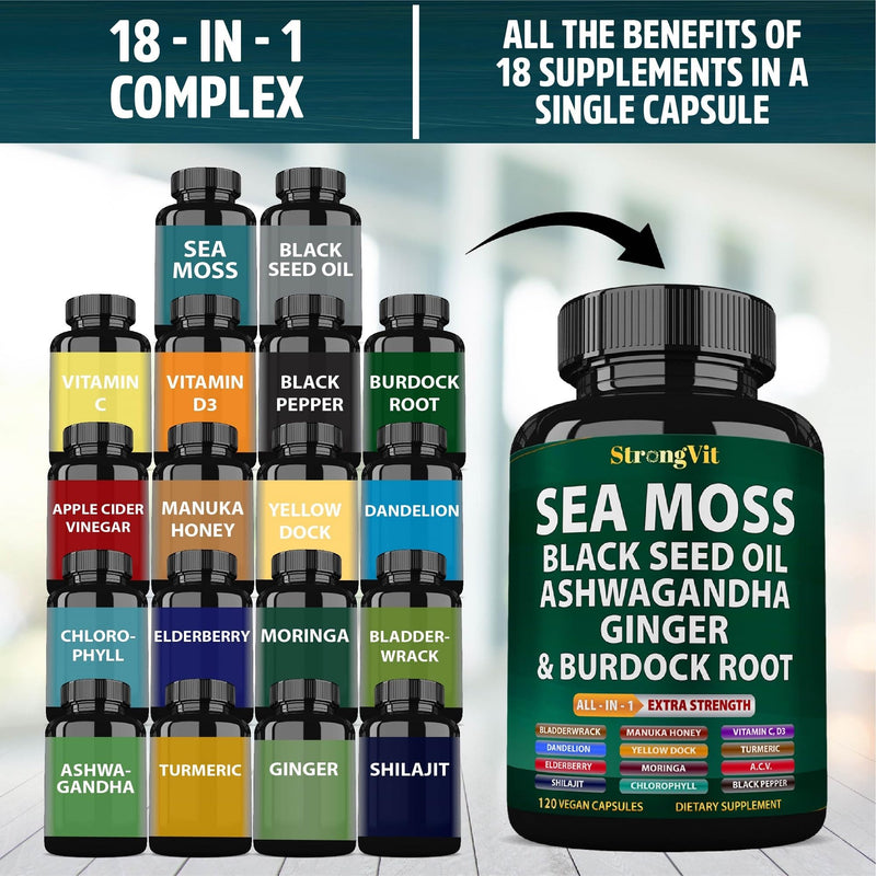 Sea Moss Black Seed Oil Ashwagandha Ginger, Organic Sea Moss Capsules with Burdock Root, Irish Seamoss Pills with Bladderwrack, Turmeric, Shilajit, Multimineral Supplement, USA (120 Capsules) 120 Count (Pack of 1)
