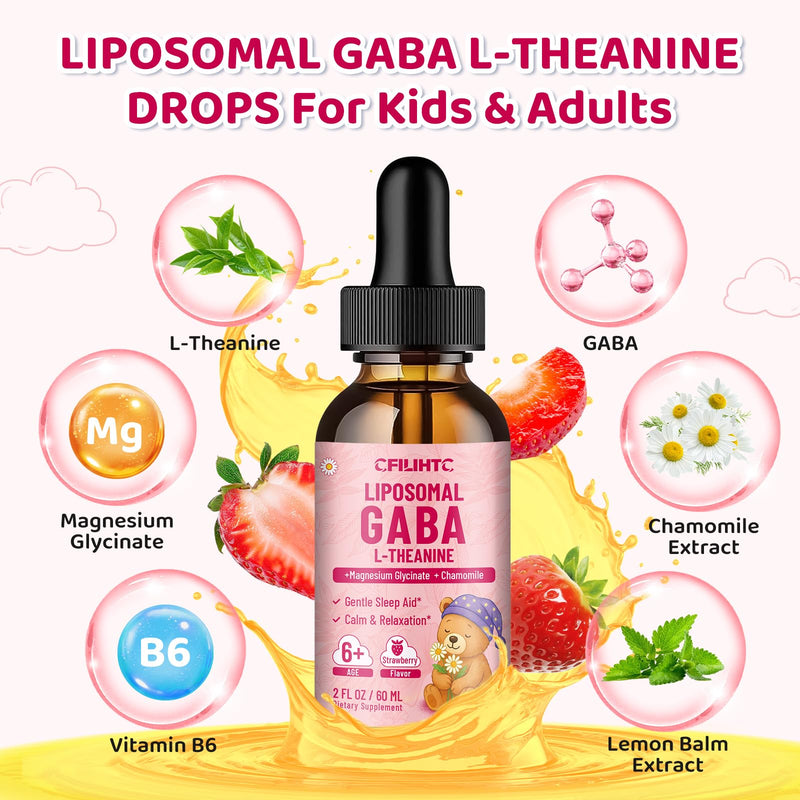 Liposomal GABA L-Theanine Drops for Kids - Liquid GABA Supplement with Magnesium, Chamomile, Lemon Balm & Vitamin B6 - Support Relaxation, Focus & Stress Relief for Kids & Adults - Strawberry Flavor 2 Fl Oz (Pack of 1)