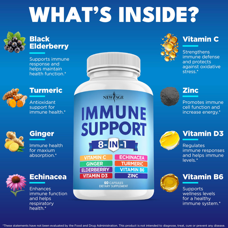 8 in 1 Immune Support Booster Supplement with Echinacea, Vitamin C and Zinc 50mg, Vitamin D 5000 IU, Turmeric Curcumin & Ginger, B6, Elderberry (8 in 1 Capsules (Pack of 5)) 300 Capsules (Pack of 5)