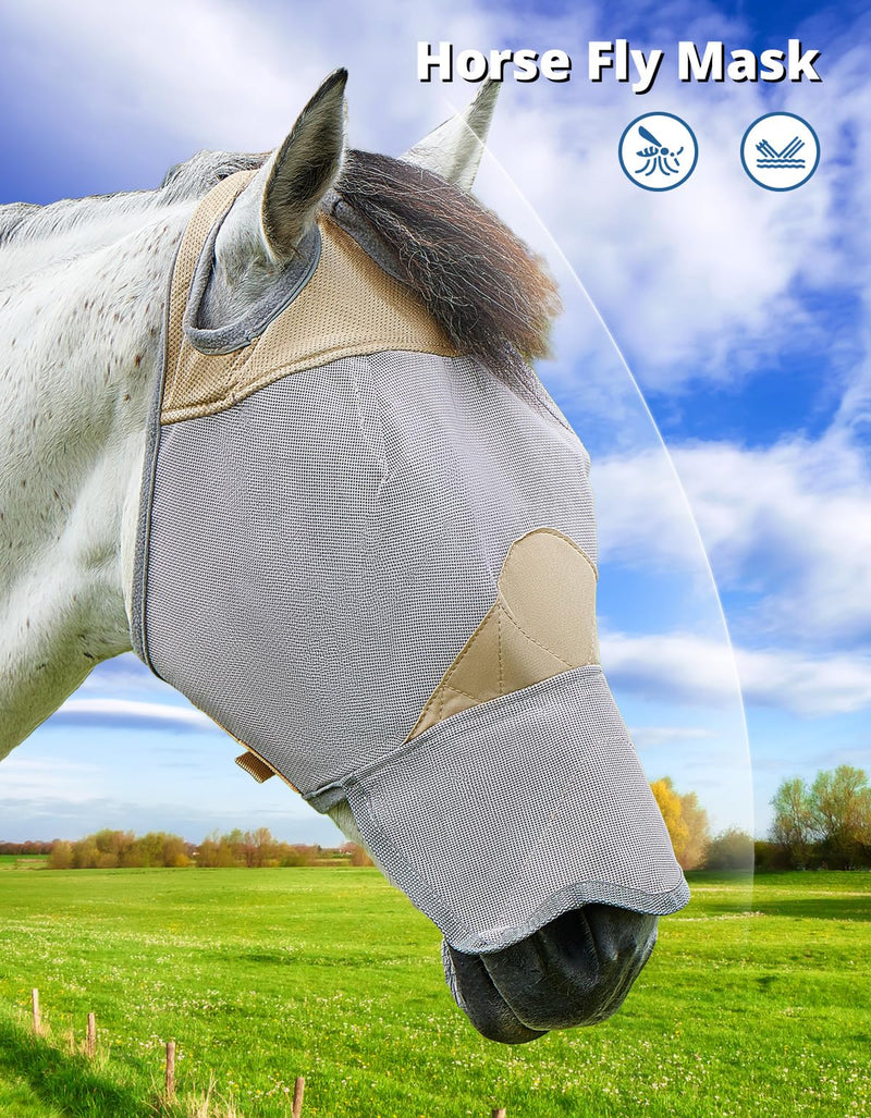 DEERFAMY Adjustable Horse Fly Mask, High-Quility Net Mesh Mask with Large Eye Space,Full Coverage, Soft & Gentle on Skin, No Ears but with Nose (Gold, L) Gold Horse(L) - BeesActive Australia
