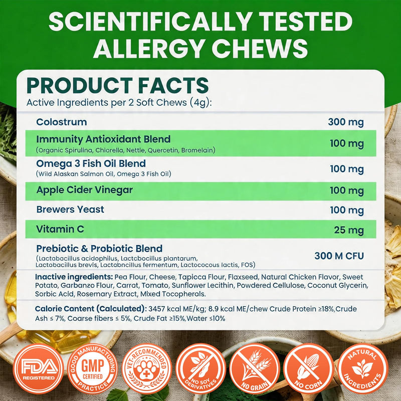Dog Allergy Chews 200 Ct - Itch Relief for Dogs Immune Support with Colostrum Probiotics & Omega 3 - Seasonal Allergies Anti-Itch Skin & Coat Supplement, Itchy Skin & Paw Relief Bites - Beef Flavor