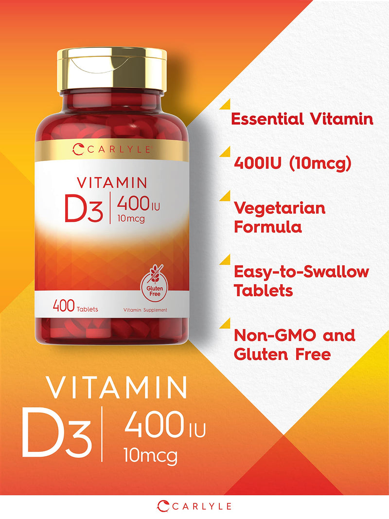 Carlyle Vitamin D3 400iu (10mcg) | 400 Tablets | Value Size | Vegetarian, Non-GMO, and Gluten Free Formula | Vitamin D Supplement