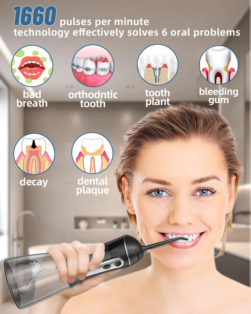 Electric Water Dental Flosser - Cordless Portable Teeth Cleaner, Rechargeable 320ML Larger Water Tank Oral Irrigator, 4 Modes with 5 Jet Tips and Travel Bag, IPX7 Waterproof (Black) Black
