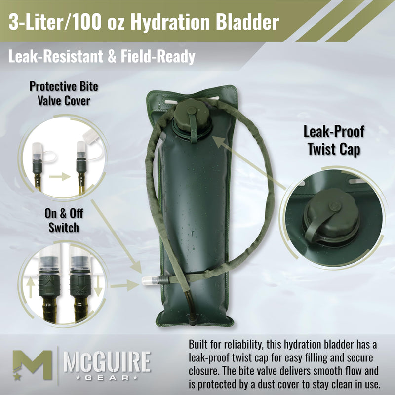 M MCGUIRE GEAR Hydration Bladder, 3L/100 oz. Water Bladder, Leak Proof Hydration Pack, Water Reservoir with Insulated Drinking Tube for Hiking, Cycling, and Biking Olive Drab
