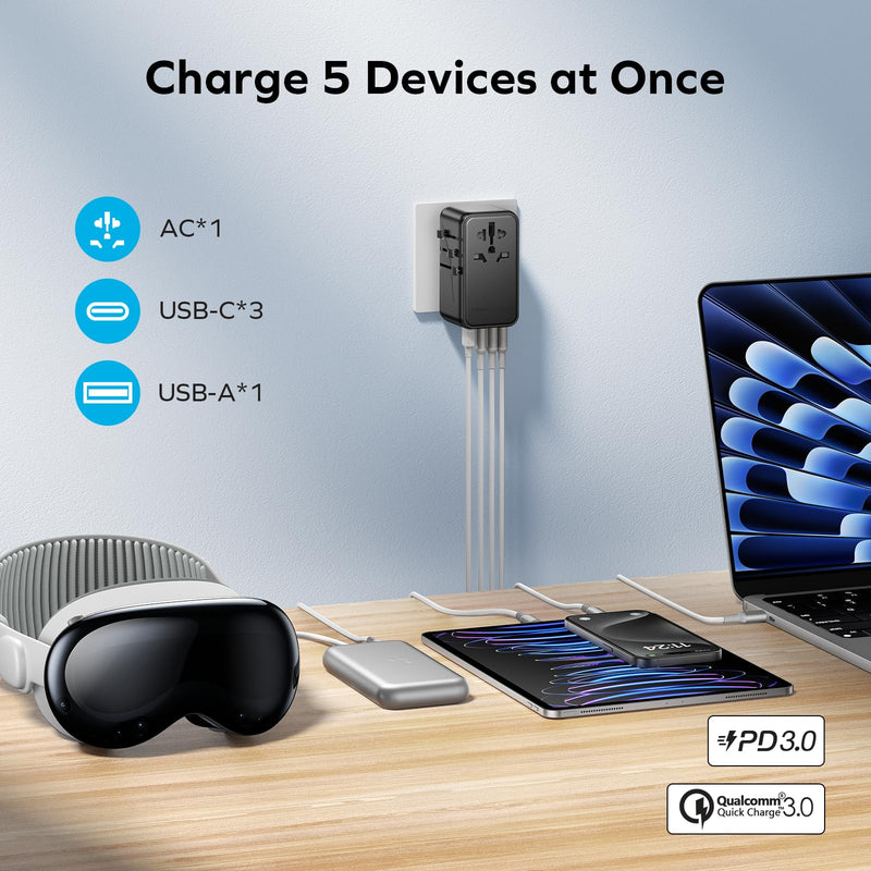 MOMAX 140W Universal Travel Adapter, GaN Technology, EU/UK/AUS/US/JP Worldwide, Fast Charging for iPhone, MacBook pro, Vision Pro, Charging Cable Included Black - BeesActive Australia