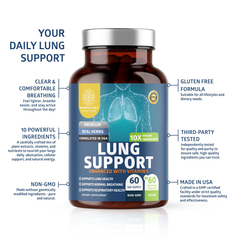 Number One Nutrition N1N Premium Lung Support Supplement [10 Potent Ingredients] Natural Lung Cleanse with Quercetin, Bromelain and Vitamin C to Help Support Respiratory Health, 60 Veg Caps