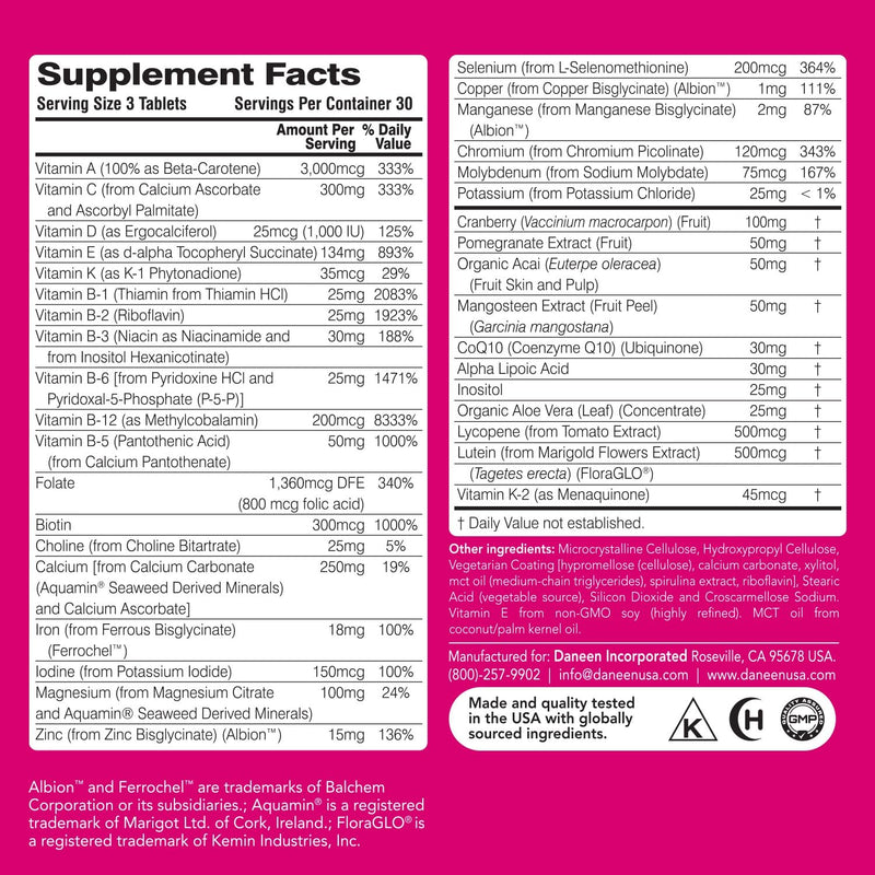 Multivitamin for Women with Iron, Biotin & Zinc, 90 Tablets | 36 essential vitamins with B Complex, CoQ10 & Cranberry to support hair, skin & nails, daily energy and immune function.*