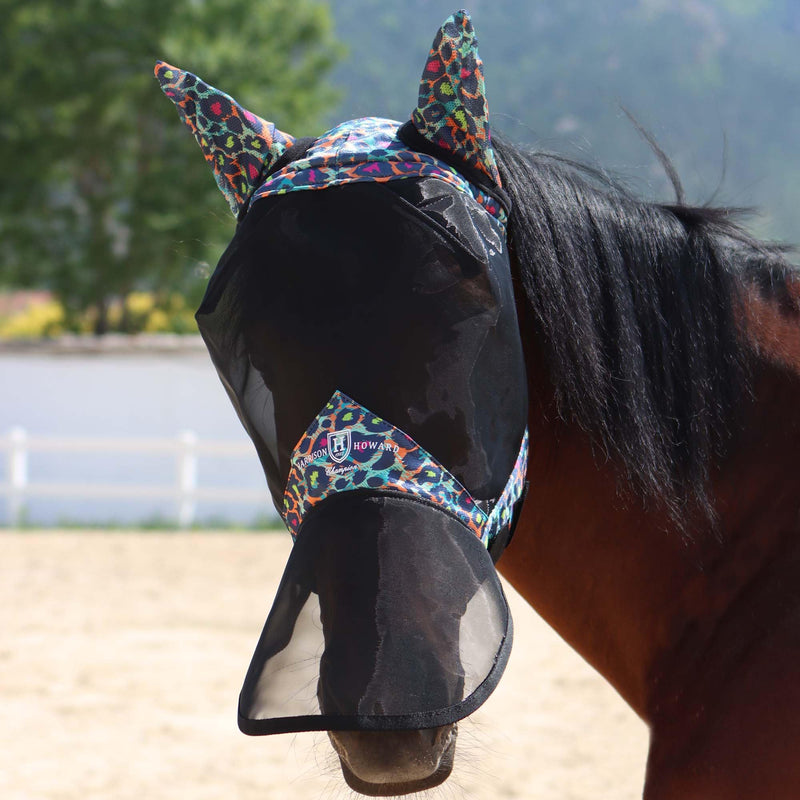 Harrison Howard Pro LumiVista Horse Full Face Fly Mask Large Eye Space Long Nose with Ears UV Protection for Horse Iridescent Prints M Medium - BeesActive Australia