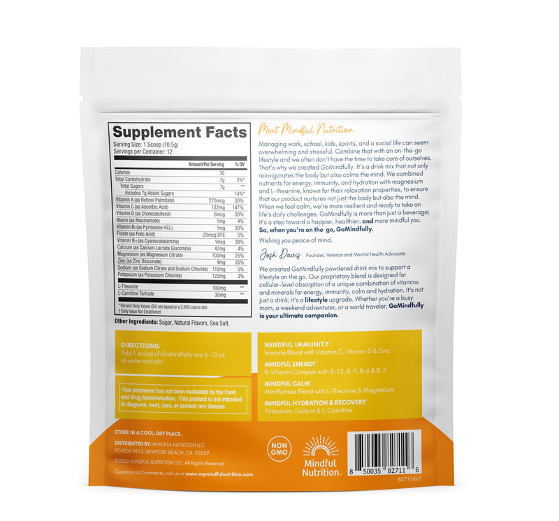 GoMindfully Orange Super Calm Magnesium Powder Drink Mix for Hydration, Recovery, Immunity and Energy with Trace Minerals, Essential Vitamins, L-Theanine and B Vitamin Complex 4.4 Ounce (Pack of 1)