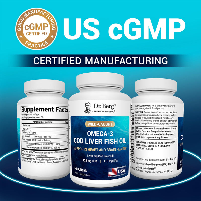 Dr. Berg Maximum Strength Omega-3 Cod Liver Fish Oil (1250 mg) from Wild-Caught Cod - Lemon-Flavored Omega-3 Fish Oil for Women & Men - EPA DHA Supplement ‚Äì 60 Softgels