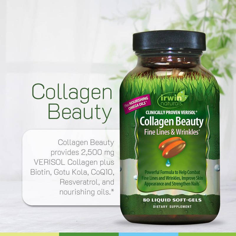 Irwin Naturals Collagen Beauty Supplement Hair Skin and Nails Vitamins | Beauty From Within | VERISOL + Biotin + Omega oils | Fine Lines and Wrinkle Support | 80 Liquid Soft-Gels 80 Count (Pack of 1)