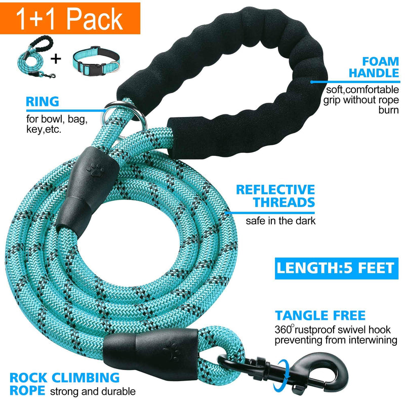 Reflective Dog Collar Padded with Soft Neoprene Breathable Adjustable Nylon Dog Collars for Small Medium Large Dogs (Medium (Pack of 1), Blue Collar+Leash) Medium (Pack of 1) - BeesActive Australia