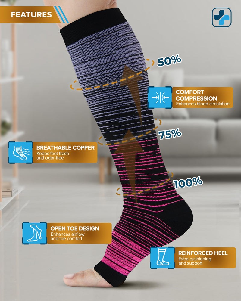 Doctor's Select 3 Pairs Copper Toeless Compression Socks Women & Men - 20-30 mmHg Open Toe Compression Socks Knee High Women Large Line Patterns 1 - 3 Pairs
