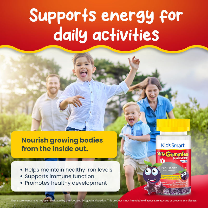 Kids Smart Iron Health Gummies, Iron + Vitamin C, Energy & Immune, Kids 3+ | Iron + Vitamin C, Sugar-Free Vegan Gummy Vitamins, Gluten-Free, Non-GMO, Supports Energy, Immunity & Iron Absorption, 30 Ct