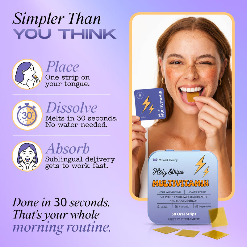 Multivitamin Dissolvable Oral Supplement Strips Egan, Sugar Free, High Absorption, Gluten Free, Individually Wrapped, 30 Count