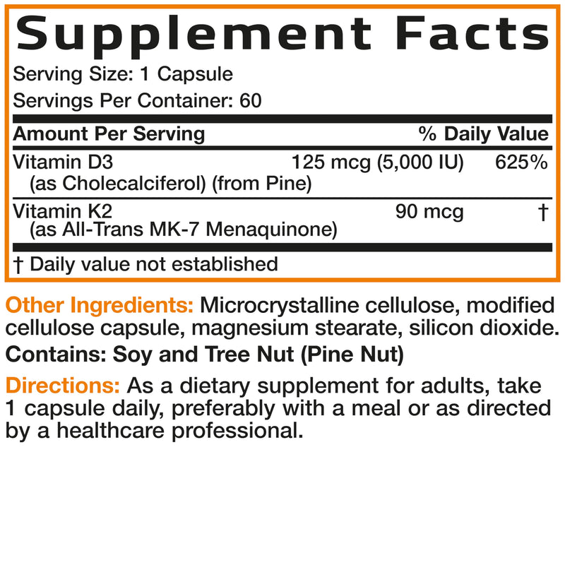 Bronson Vitamin K2+D3 Vegan 2 in 1 Support Vitamin K2 As MK-7, 60 Capsules | Vegan 2-in-1 Immune, Bone & Heart Health Support Formula, Gluten Free, Non GMO 60 Count (Pack of 1)