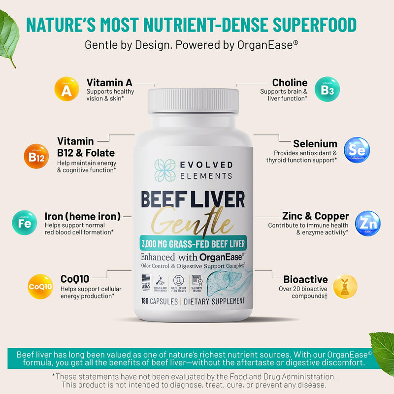 Beef Liver Capsules — Zero Nausea, Zero Burps — OrganEase: Sodium Copper Chlorophyllin + Enzymes Stop Off-Gassing — Thyroid Support: Selenium, B12, Iron, Vitamin A — 3,000mg, 180ct