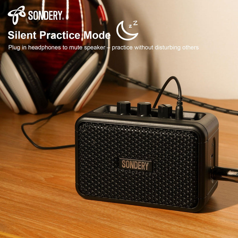 Sondery 5W Mini Amp for Electric Guitar Rechargeable with OD Clean Effects Black