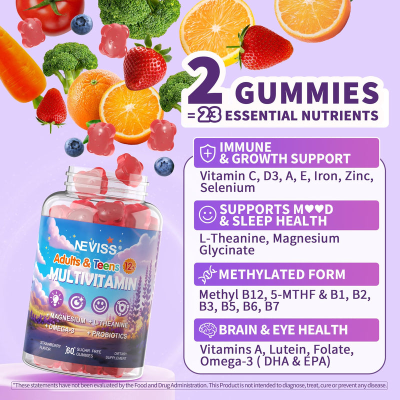 Teen Vitamins Methylated Multivitamin Gummies for Boys Girls 12-17, 120 ct | w/ Magnesium Glycinate, Omega-3, L-Theanine for Teens Kids Calm & Focus Gummies Supplement, 23-IN-1 Formula, Sugar Free 60 Count (Pack of 2)