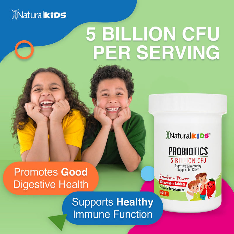 NaturalSlim Kids Probiotics for Digestive & Gut Health, Immune Support, 5 Billion CFU with LGG, BB-12 & 4 Probiotic Strains, 35 mg Calcium, for Children Ages 3+, Strawberry Flavor, 60 Chewable Tablets | Digestive Health, Immune Support, Kids Gut Health...
