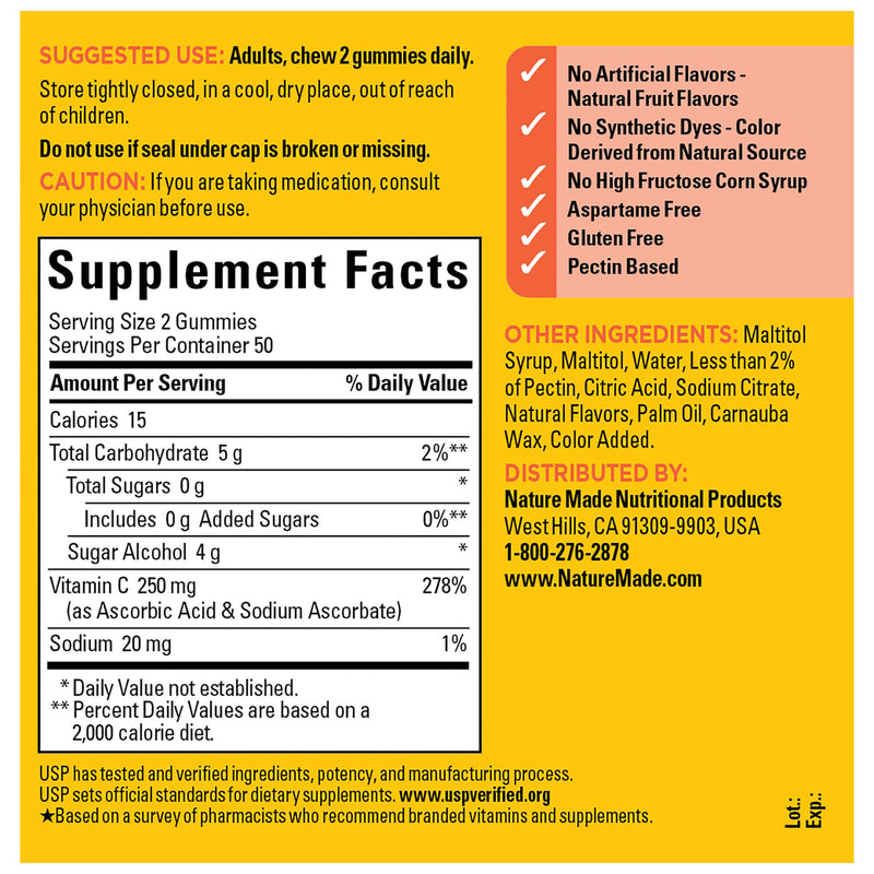 Nature Made Zero Sugar Vitamin C Gummies 250 mg per Serving, Immune & Antioxidant Support, 100 Sugar Free Gummies, 50 Day Supply - BeesActive Australia
