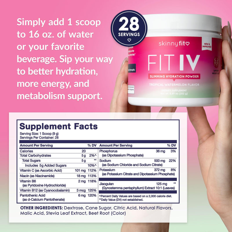 SkinnyFit - Fit IV Slimming Hydration Powder, Tropical Watermelon (Jar, 28 Scoops) - New & Improved Formula - Electrolytes, Vitamin C, Vitamin B3 - Vegan, Gluten Free, Dairy Free - Beauty & Self Care 8.9 Ounce (Pack of 1)