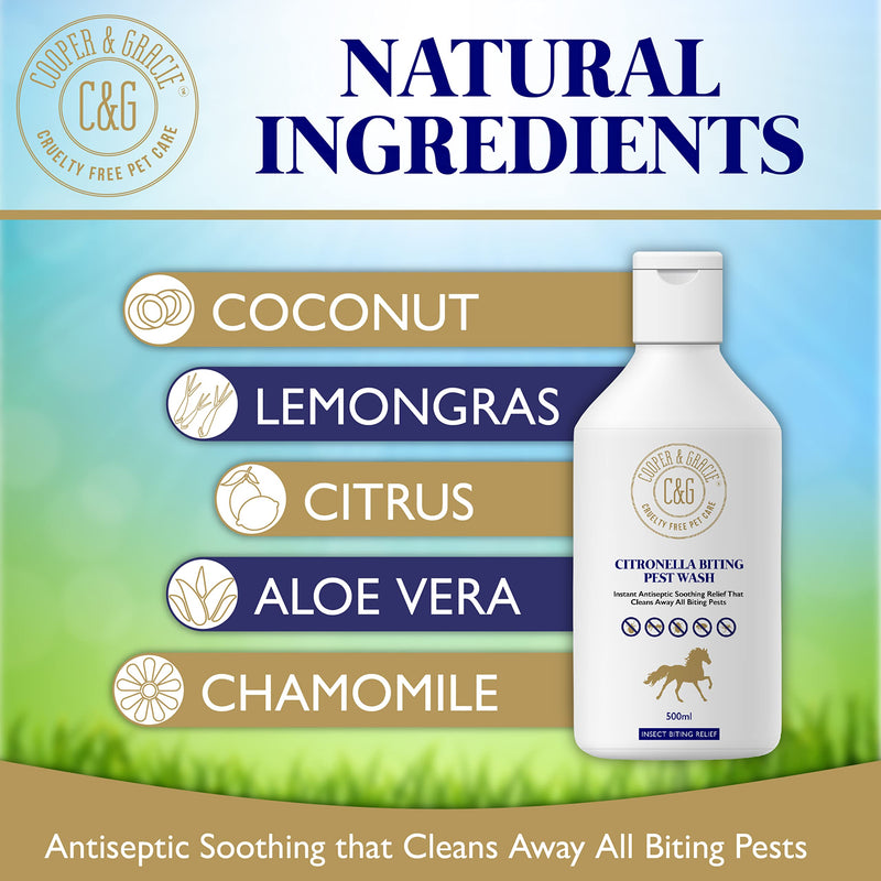 Horse Citronella Biting Pest Wash 500ml – Powerful Organic Shampoo by Cooper and Gracie | Antiseptic Soothing Relief, Cleans Biting Pests | Low-Lathering, 100% Natural 500 ml (Pack of 1)