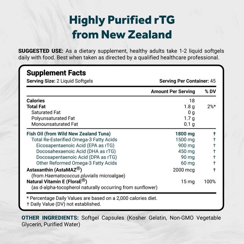 Naturalis Ultra rTG Omega 3 Fish Oil 1800mg 90 Softgels | IFOS Certified | Sourced from wild New Zealand tuna and enhanced with Astaxanthin for its distinctive natural dark red color.* 90 Count (Pack of 1)