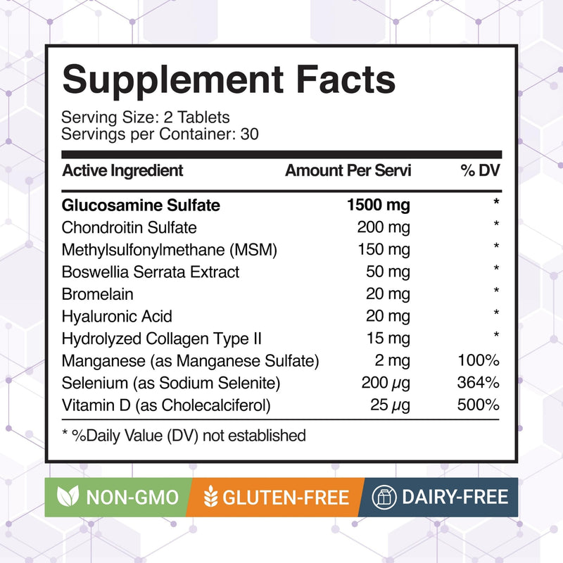 Glucosamine Chondroitin with MSM, Bromelain, Boswellia, Collagen, Hyaluronic Acid, Selenium & Vitamin D – Dietary Supplement – 60 Tablets 60 Count (Pack of 2)
