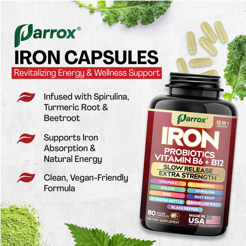 Iron Bisglycinate Supplement, Slow Release Probiotics, 60 Caps, 2 Pack | With Probiotics, Spirulina, Turmeric, Vitamins B6, B12, C, Zinc, Beetroot, Nettle Leaf, Dandelion Root 60 Count (Pack of 2)