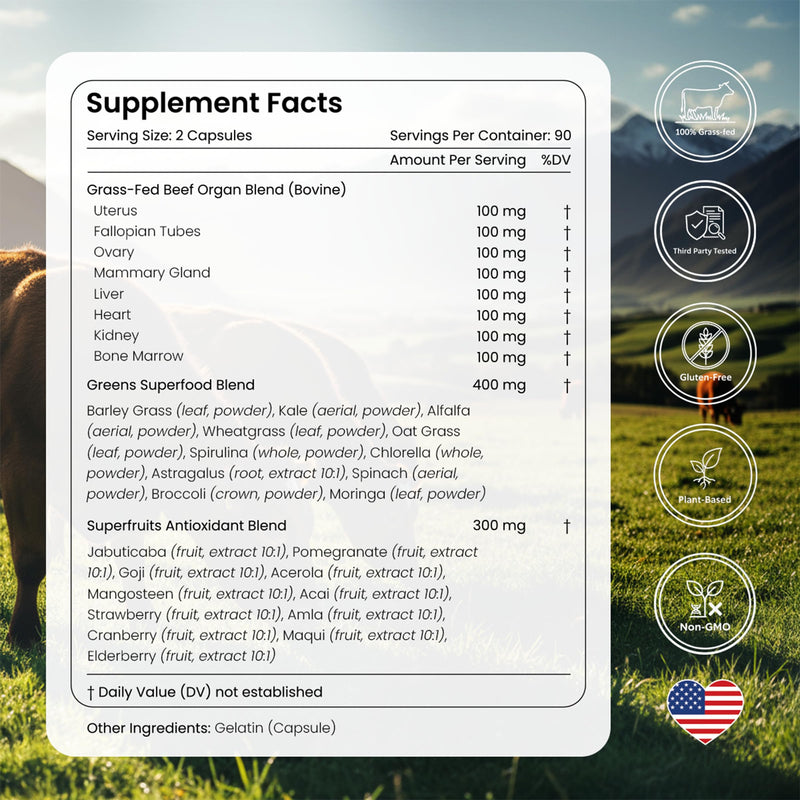 Grass Fed Beef Organ Supplement for Women with Supergreens, 180ct | 8 Beef Organs, 11 Supergreens, 11 Superfruits, 60+ Nutrients, 3 Month Supply, Hormone Balance, Energy, Immunity, Skin