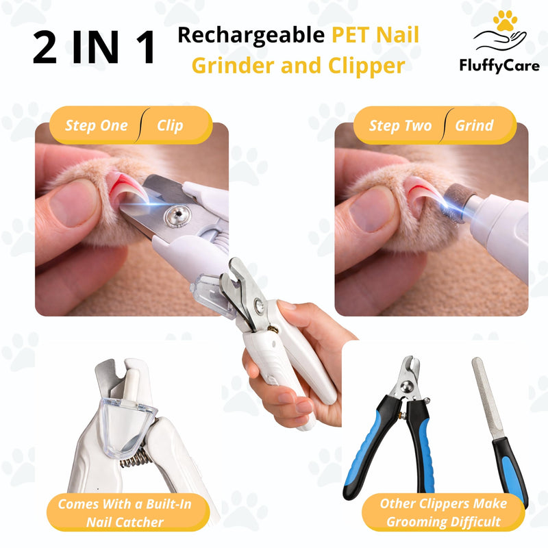 2-in-1 Dog Nail Clippers & Cat Nail Clipper with 2 LED Lights, USB Rechargeable with Safety Guard, Low Noise Grooming Tool for Small, Medium, and Large Dog & Cat Nail Trimmer(White) white