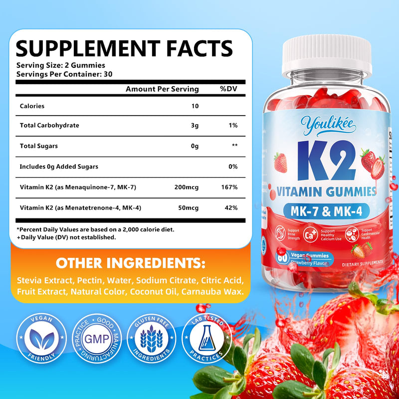 2 Pack Sugar-Free Vitamin K2 Gummies, Dual Formula Vitamin K2 Supplement with MK-7 & MK-4, Supports Bone Health, Gluten-Free, Non-GMO, Sugar-Free, Strawberry Flavor, 120 Gummies 60 Count (Pack of 2)