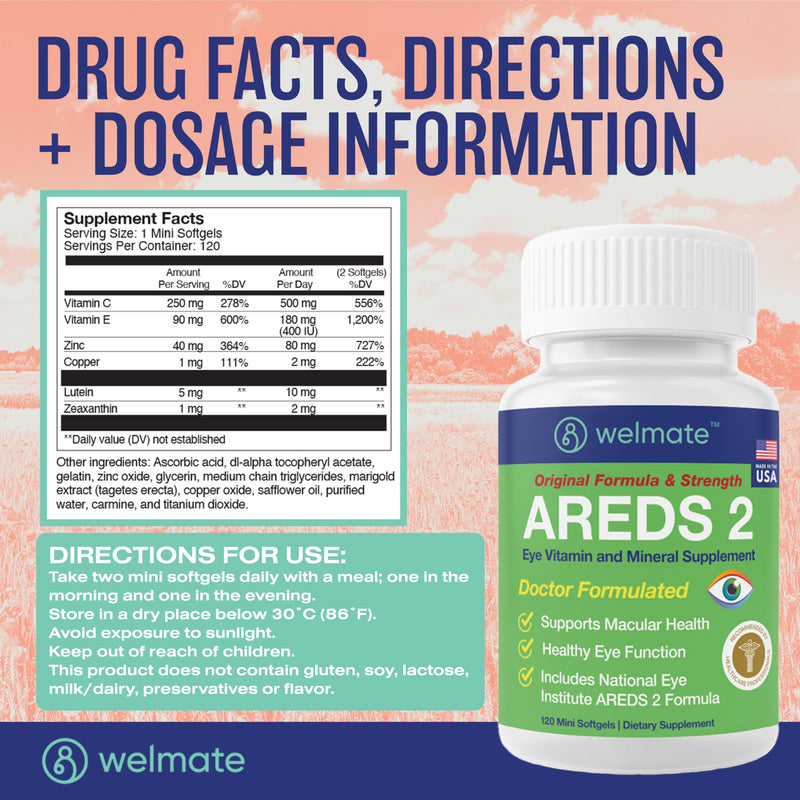 WELMATE - AREDS 2 (60 Servings) - Eye Vitamin and Mineral Supplement - Vitamin C, Zinc, Lutein, Zeaxanthin - Macular Health - Doctor Formulated & Tested - Eye Care - Gluten Free - 120 Mini Softgels 120 Count (Pack of 1)
