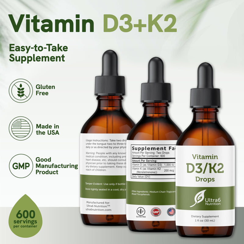 Ultra6 Nutrition Vitamin D and K2 Drops - Liquid Vitamin D3 with K2 Supplements for Adults - Easy-to-Take, Flavor-Free, Highly Absorbable VIT D3 and K2 Supplements, Made in USA (30 ml)