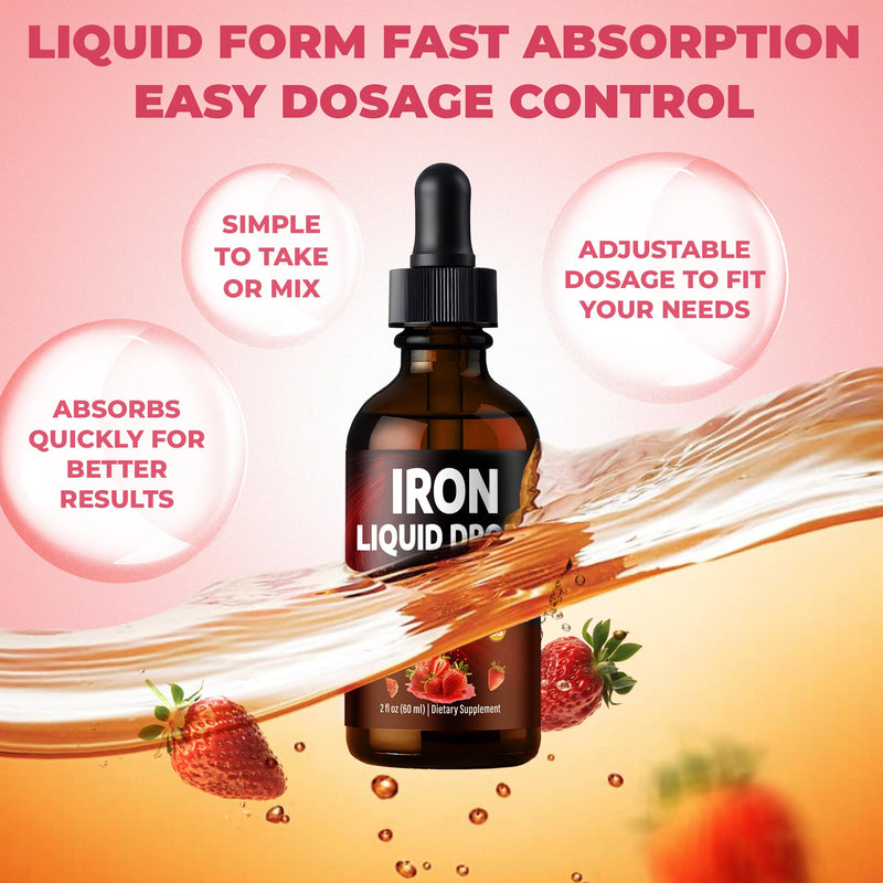 Liquid Iron Drops – with Vitamin C, B6, B12, Folic Acid, & Collagen | Strawberry Flavor - 2 Fl. Oz (60ml) 2 Fl Oz (Pack of 1)