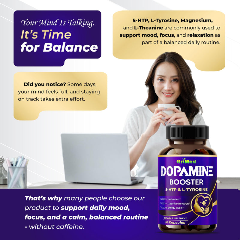 GriMed 5-HTP Capsules with L-Tyrosine, Magnesium, L-Theanine, Ashwagandha & B Vitamins, Mood and Focus Support, 90 Count