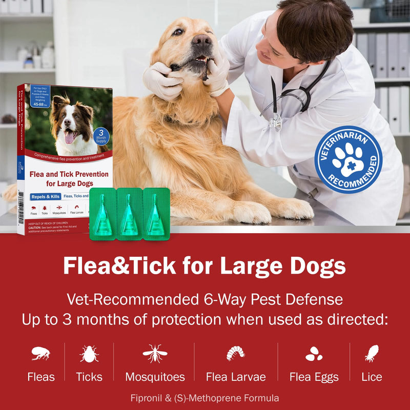 Flea and Tick Prevention for Dogs, Large Dog Flea, Tick & Mosquito Control, Repellent, 44-88lbs, 24-Hour Protect, 3-Month Supply, Flea Supplements for Dogs