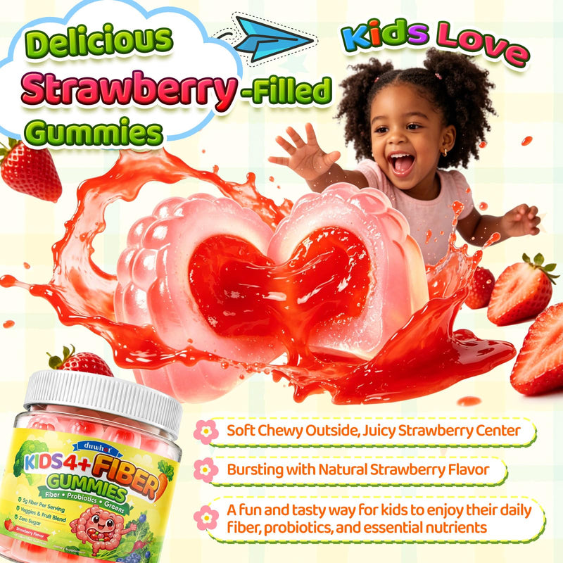 duwhot Kids Fiber Gummies 5g with Probiotics, 60 Chews | Prebiotic Fiber Supplement with Vitamin C D3 B6 & Veggies, Gentle Digestive & Regularity Support, Sugar Free