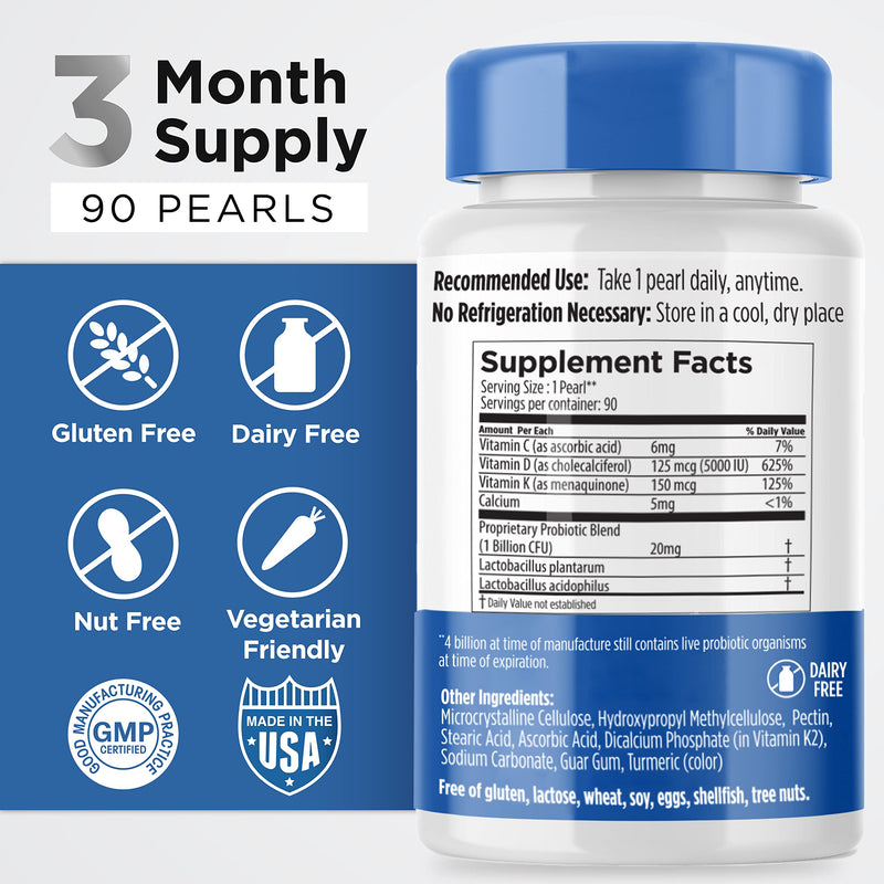 Vitamin D3 K2 5000 IU with Probiotics for Women & Men 3-Month Supply | Earth's Pearl - 3-in-1 Formula - BIO-Tract® Time-Release Pearl Probiotics - Daily Gut Health Support - 90 Capsules